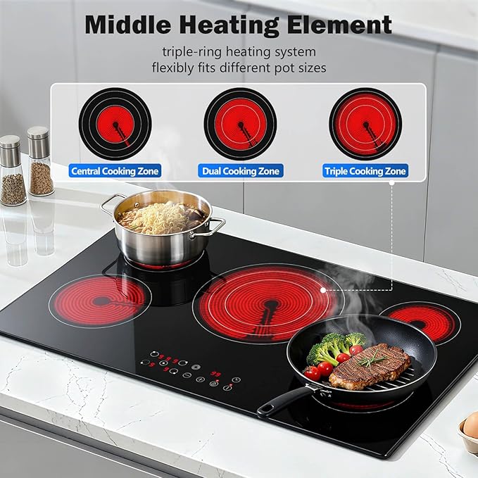 Safety lock, timer, hot‑surface alerts